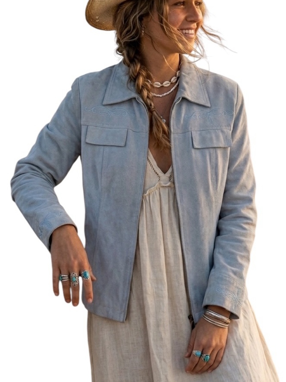 ROPER Vintage Suede Embroidered Jacket Western Cowgirl Pale Gray Icy Blue Small